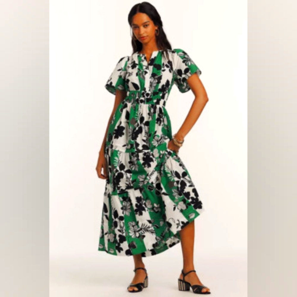 Anthropologie Somerset Naxi Green and Black Floral  Dress